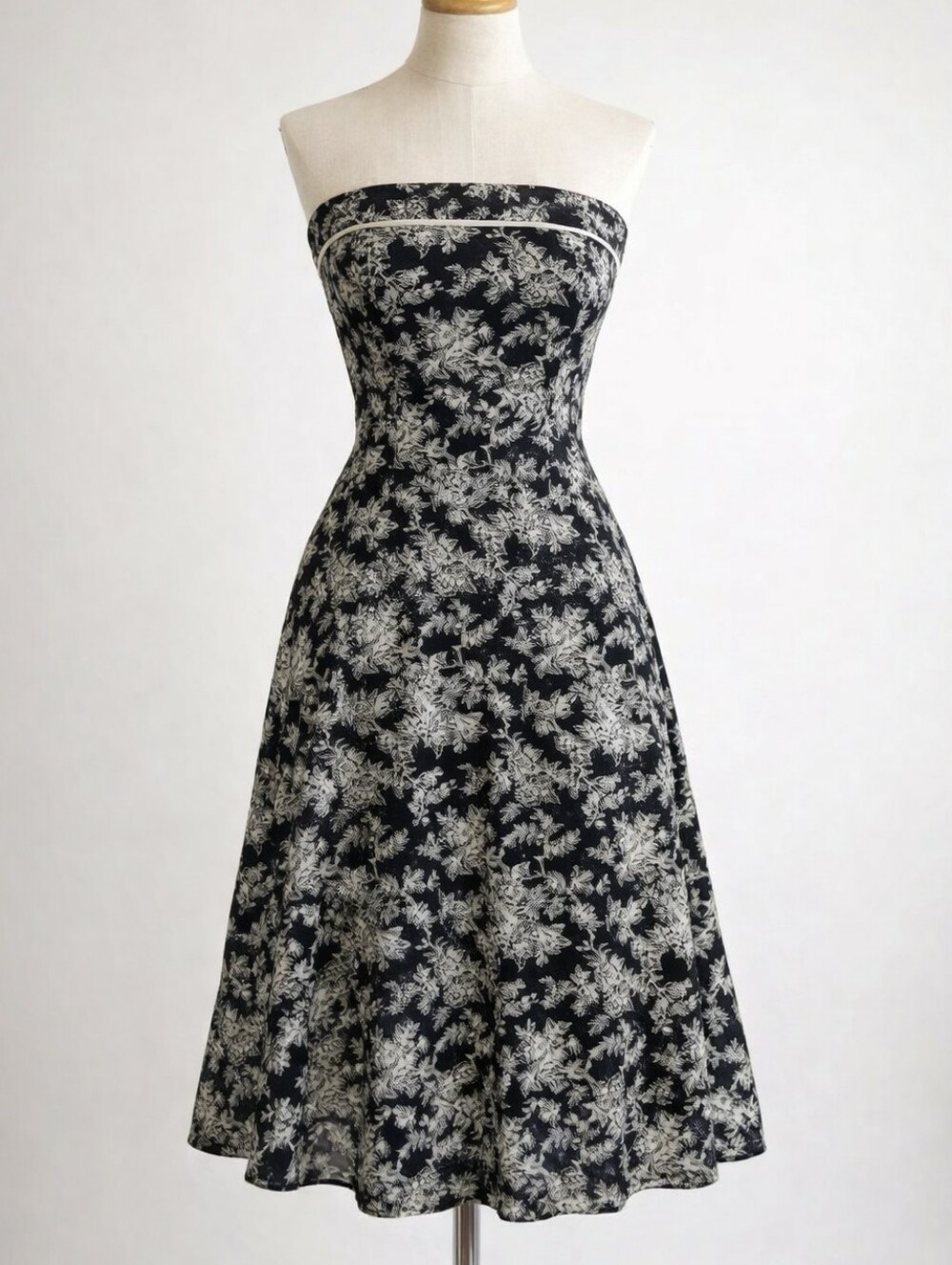 Vintage 90s Black Ivory Floral Toile Strapless Cotton Dress | SIZE XS
